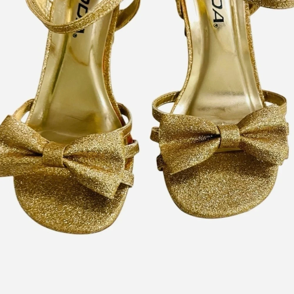 Soda Girl’s Gold Glitter Heel Sandals – Size 1 Big Kid – 2” Low Heel, Open Toe